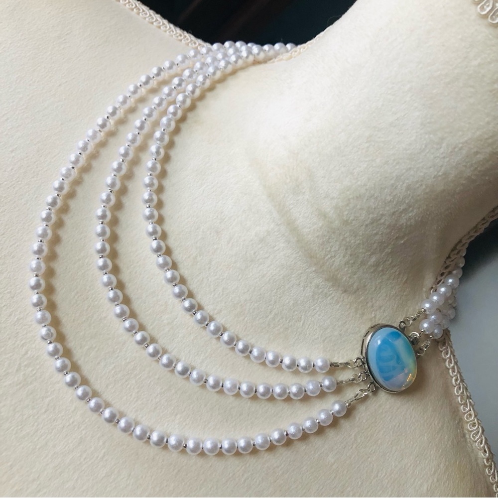 Handcrafted triple strand white faux pearl oval cabochon opalite clasp necklace